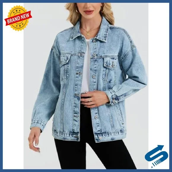 Oversized Denim Jacket Boyfriend Fit Long Sleeve Button Front